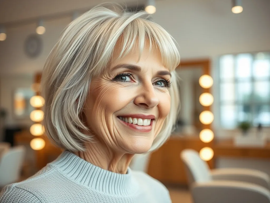 Uśmiechnięta kobieta 60+ z modnym srebrno-blond bobem w nowoczesnym salonie fryzjerskim, efekt odmładzającej fryzury.