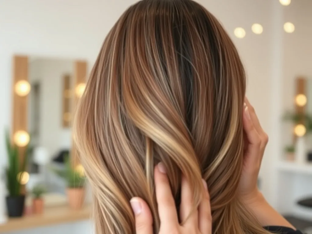 Stylistka układa naturalne brązowe włosy z delikatnym balayage, który subtelnie miesza siwe pasma w nowoczesnym salonie.