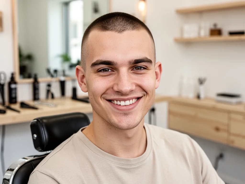 Młody mężczyzna z krótkim buzz cutem i zakolami siedzi w nowoczesnym barber shopie, uśmiechnięty i pewny siebie.
