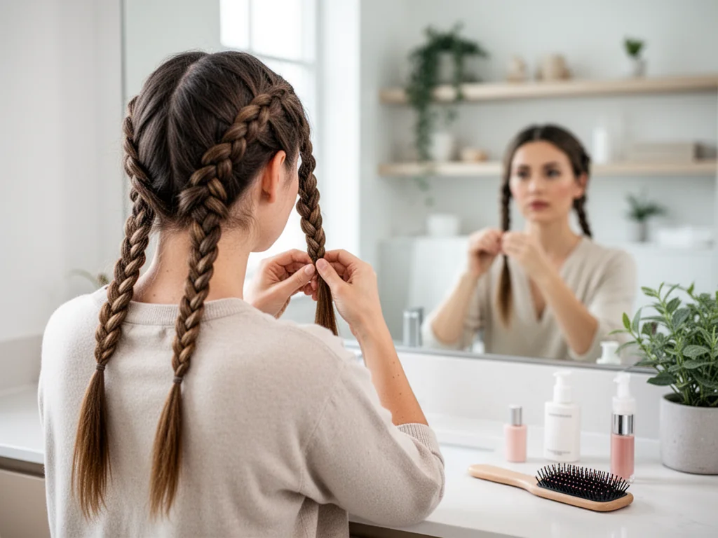 Kobieta w jasnej łazience zaplata długie włosy w dwa gładkie warkoczyki bokserskie, naturalny codzienny look.