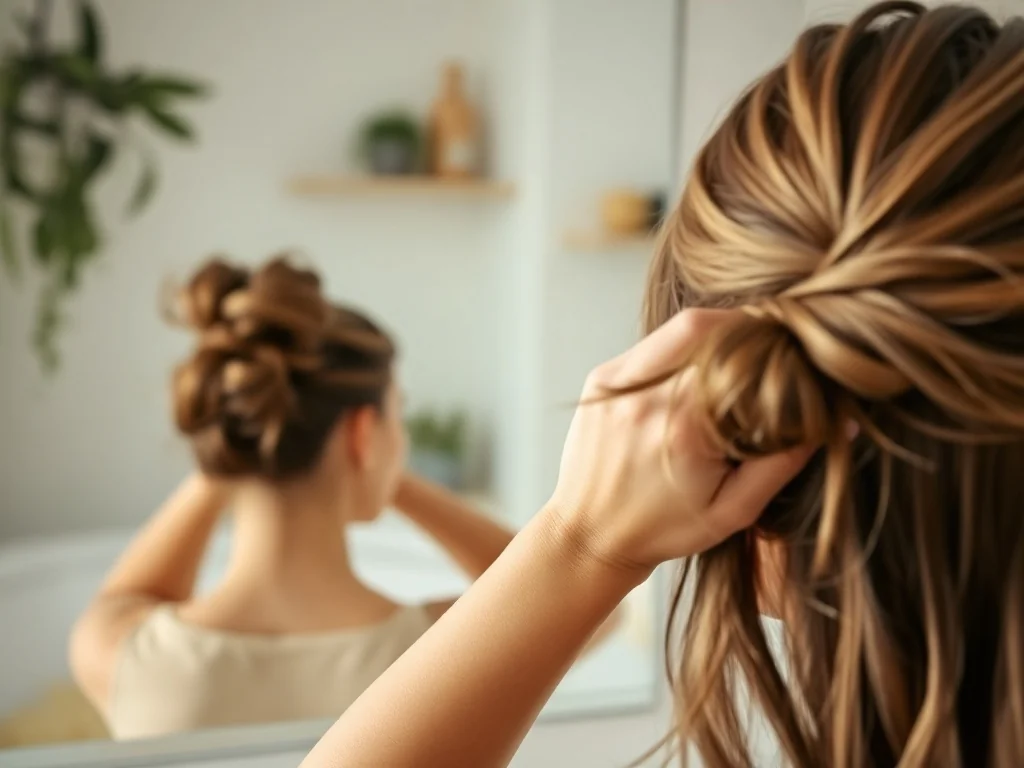 Młoda kobieta w łazience upina długie włosy w niedbały messy bun, zbliżenie na dłonie zbierające i skręcające pasma