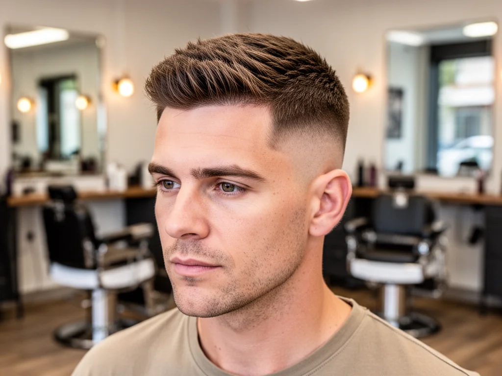 Mężczyzna z świeżo obciętym crew cut w nowoczesnym barber shopie, wyraźna linia włosów i krótko teksturowany top.