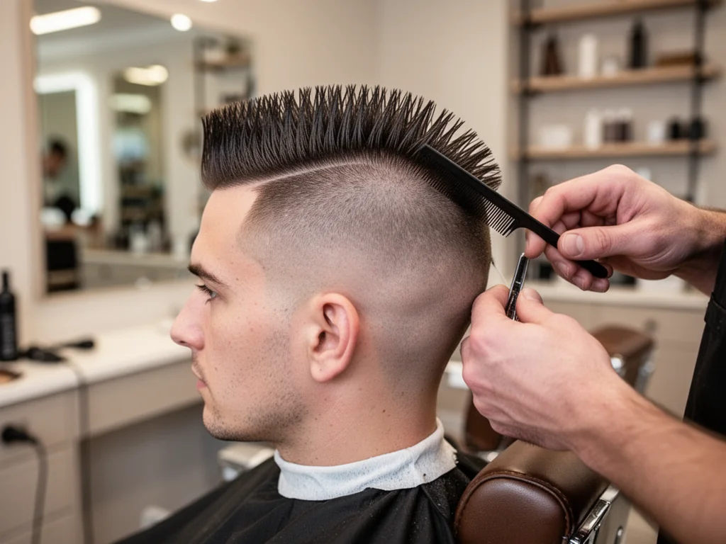Mężczyzna z krótkim irokezem w nowoczesnym barbershopie, fryzjer układa włosy grzebieniem, naturalna stylizacja.