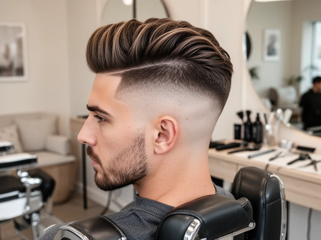 Mężczyzna w nowoczesnym barber shopie prezentuje świeże strzyżenie blowout taper fade z mocno uniesioną górą włosów.