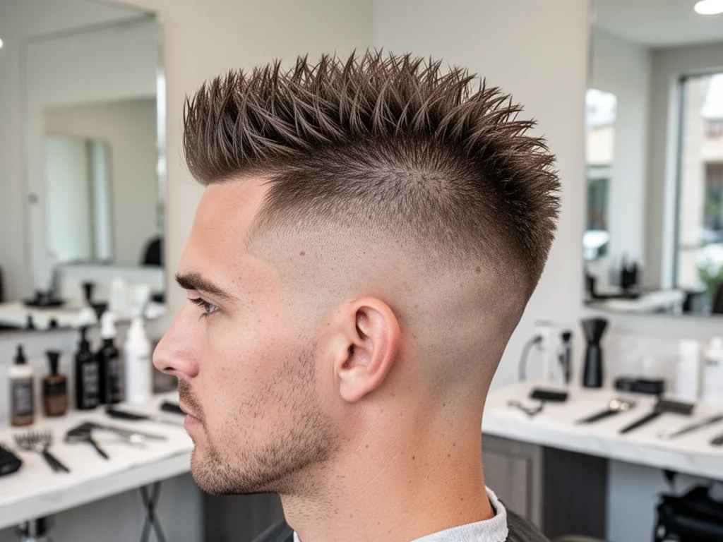 Mężczyzna z krótkim, teksturowanym irokezem oraz gładko wygolonymi bokami w nowoczesnym barber shopie