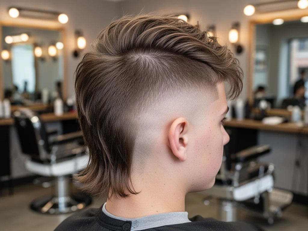 Mężczyzna z fryzurą burst fade mullet w nowoczesnym barbershopie, podkreślone cieniowane boki i dłuższy tył włosów