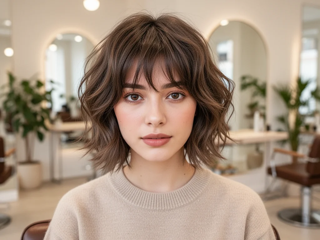 Młoda kobieta z modną fryzurą wolf cut w jasnym, nowoczesnym salonie fryzjerskim o przytulnej, naturalnej atmosferze.