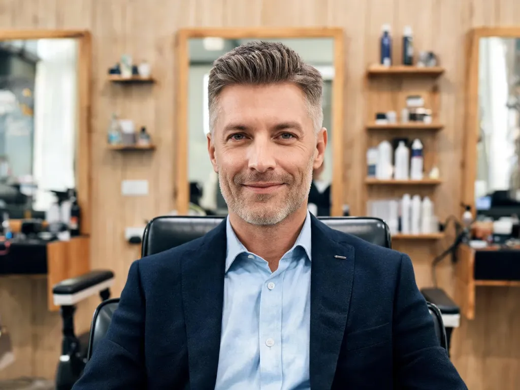 Elegancki mężczyzna po 50-tce w nowoczesnym barber shopie, prezentuje świeżą, odmładzającą fryzurę i lekki zarost.