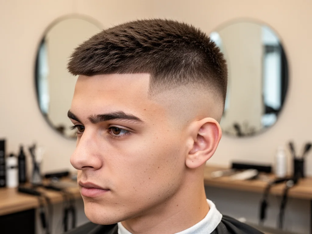 Mężczyzna z nowoczesną fryzurą crop fade w salonie barberskim, wyraźnie widoczne cieniowane boki i teksturowany top