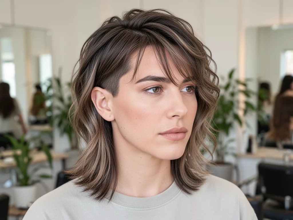 Osoba z nowoczesnym cięciem mullet w salonie fryzjerskim, ukazująca warstwowe boki i dłuższy, teksturowany tył włosów