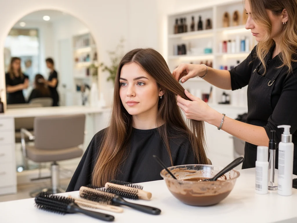 Stylista ogląda czyste, suche włosy klientki przed farbowaniem, na blacie czekają pędzle i miseczka z farbą.