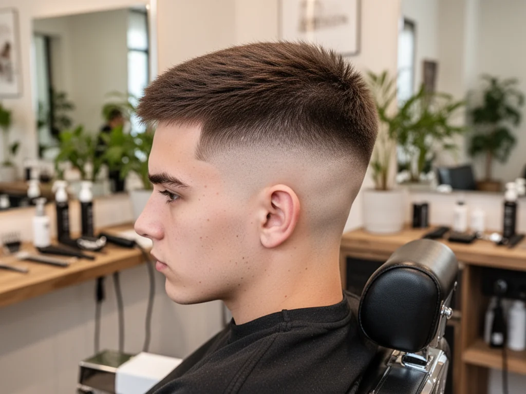 Mężczyzna z świeżo ostrzyżoną fryzurą low taper fade, wyraźnie zaznaczone boki i tył, nowoczesny wystrój barbershopu w tle