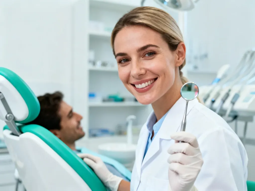 Uśmiechnięta dentystka w nowoczesnym gabinecie stomatologicznym w Lublinie przygotowuje się do badania pacjenta